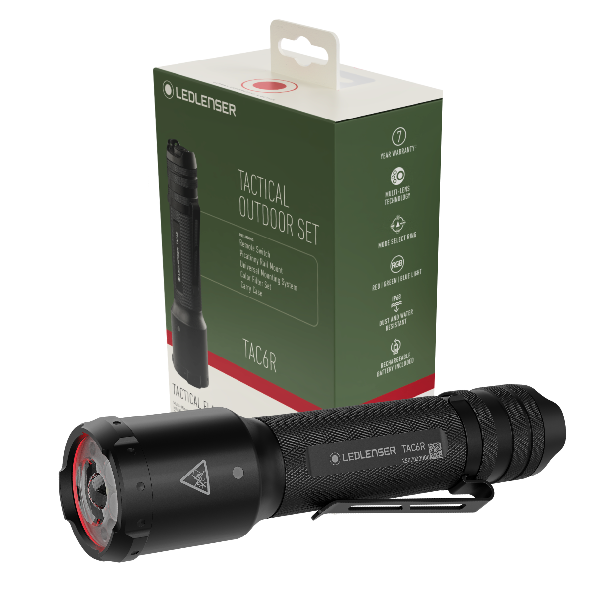 Ledlenser TAC6R tactical torch in front of the green Tactical Outdoor Set retail box