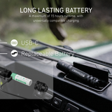 Ledlenser TAC6R torch on a vehicle dashboard, with inset showing USB-C charging and the replaceable battery
