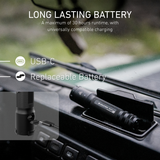 Ledlenser TAC torch on a vehicle dashboard, with inset showing the covered USB-C charging port