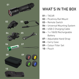 Ledlenser TAC6R Tactical Outdoor Set contents: torch, rail mount, remote switch, universal mount, filters, case, pouch, strap, battery and cable