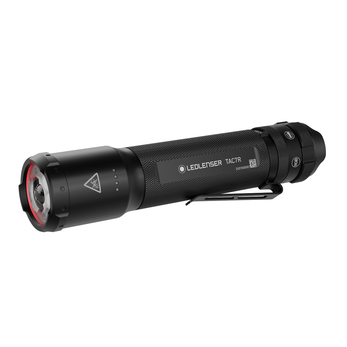 Ledlenser TAC7R black tactical torch with red bezel ring, battery indicator, pocket clip and Mode Select Ring