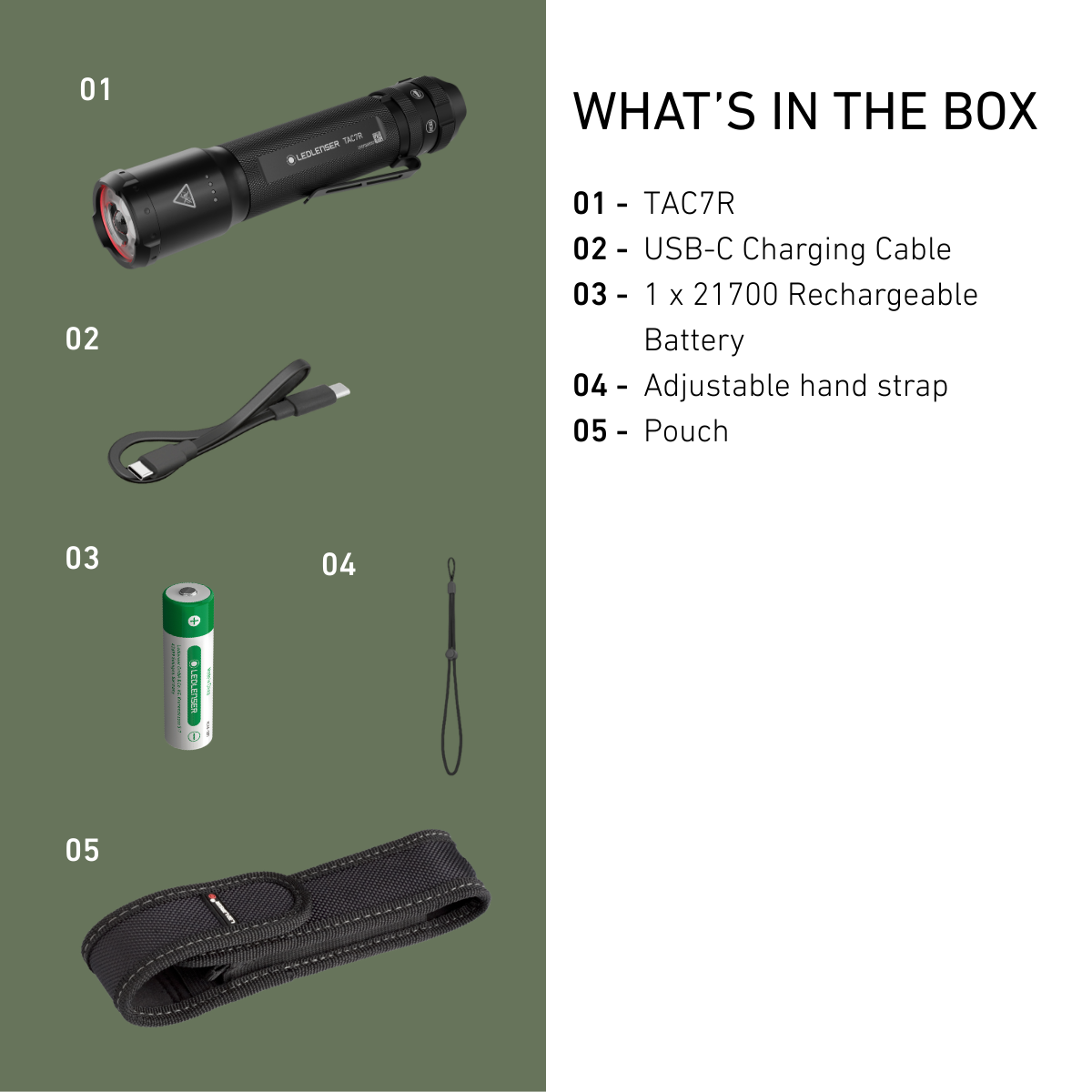 Ledlenser TAC7R box contents: torch, USB-C charging cable, 21700 rechargeable battery, hand strap and pouch