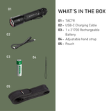 Ledlenser TAC7R box contents: torch, USB-C charging cable, 21700 rechargeable battery, hand strap and pouch