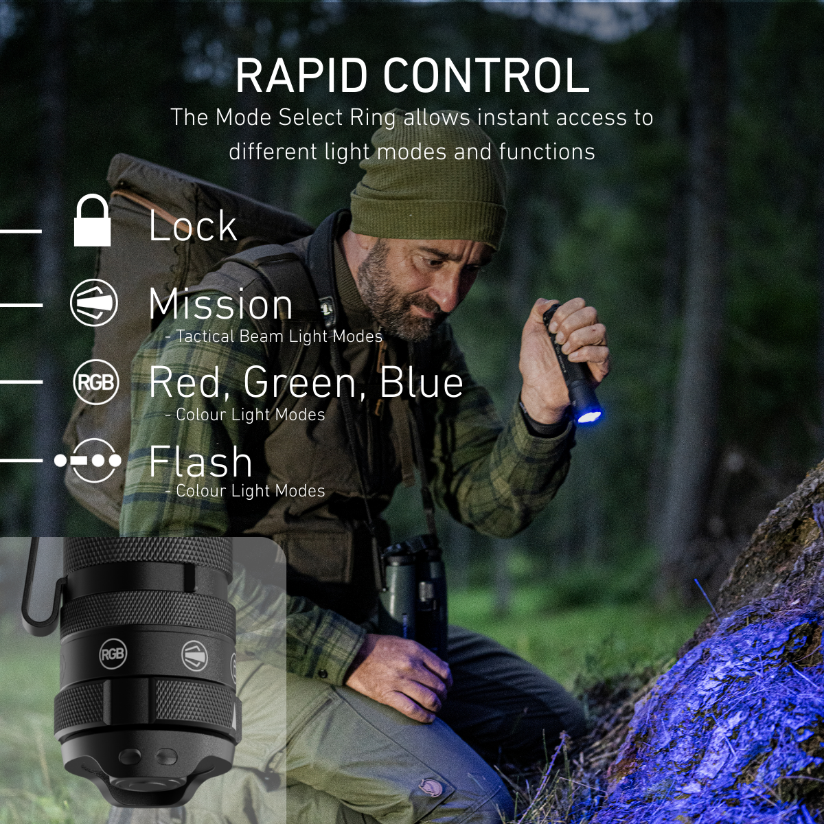 Man using a Ledlenser TAC7R on blue light, with the Mode Select Ring positions Lock, Mission, RGB and Flash