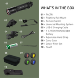 Ledlenser TAC7R Tactical Outdoor Set contents: torch, rail mount, remote switch, universal mount, filters, case, pouch, strap, battery and cable
