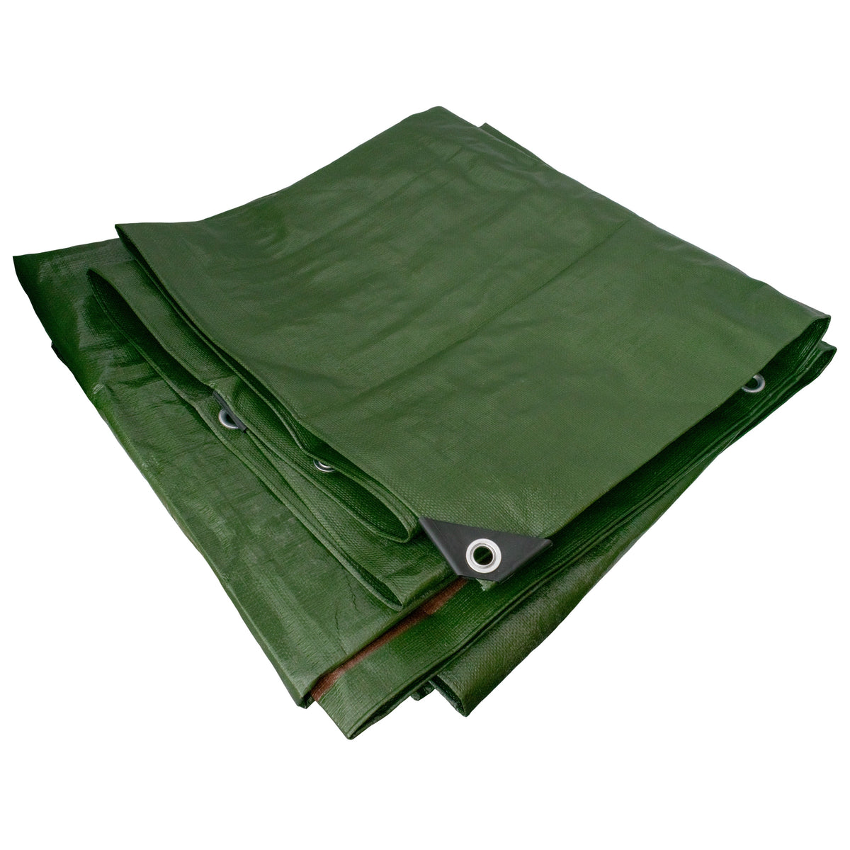 Green/Brown L-Grade Tarpaulin 2m x 2m folded with a black reinforced corner and eyelet showing