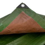 Close-up of a black reinforced corner and eyelet on the Green/Brown L-Grade Tarpaulin 3m x 3m