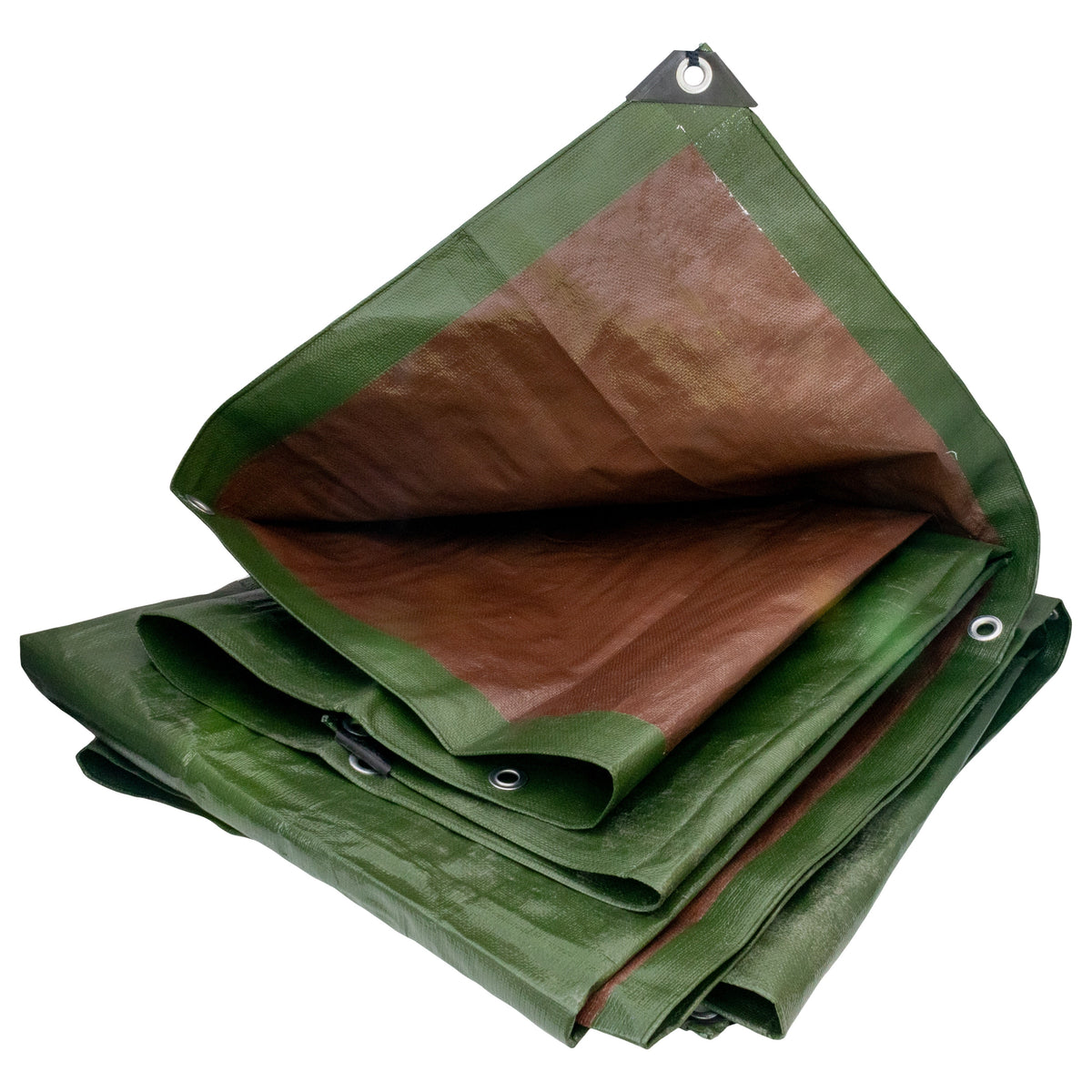 Green/Brown L-Grade Tarpaulin 4m x 5m partly folded with the brown inner side showing