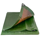 Green/Brown L-Grade Tarpaulin with 20 x 6" Bungee Balls (White) laid flat with one corner lifted to show the brown underside