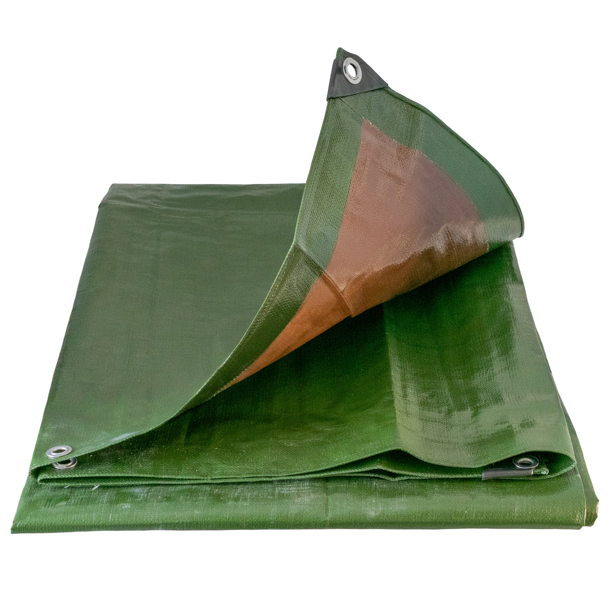 Green/Brown L-Grade Tarpaulin 8m x 12m laid flat with one corner lifted to show the brown underside