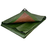 Green/Brown L-Grade Tarpaulin with 20 x 6" Bungee Balls (White) folded with a corner turned back to show the brown side and a reinforced corner