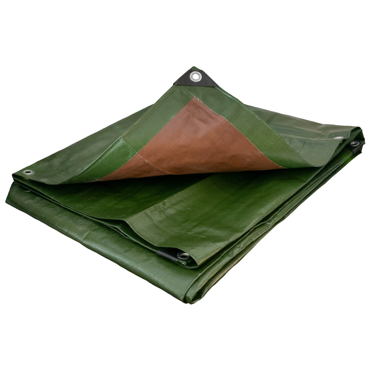 Green/Brown L-Grade Tarpaulin 10m x 12m folded with a corner turned back to show the brown side and a reinforced corner