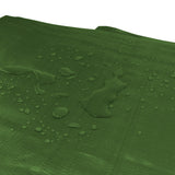 Rainwater beading on the Green/Brown L-Grade Tarpaulin 8m x 10m seen at an angle