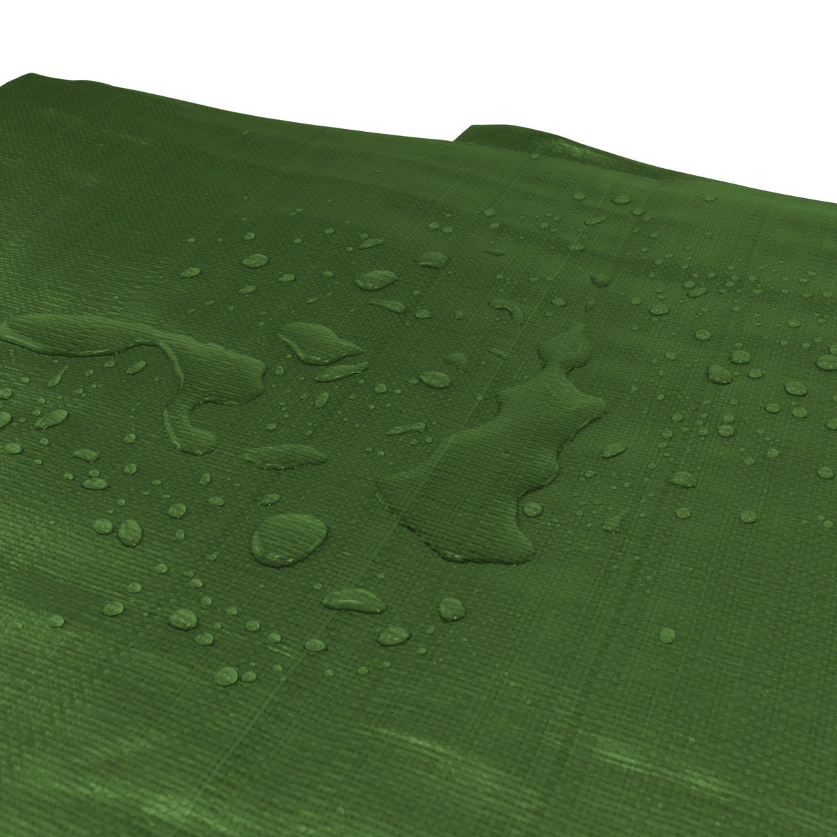 Rainwater beading on the Green/Brown L-Grade Tarpaulin 6m x 6m seen at an angle