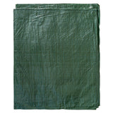 Green S-Grade Tarpaulin with 10m of 6mm Bungee Rope and 10 x Slide Type Tarp Clips folded flat, front view