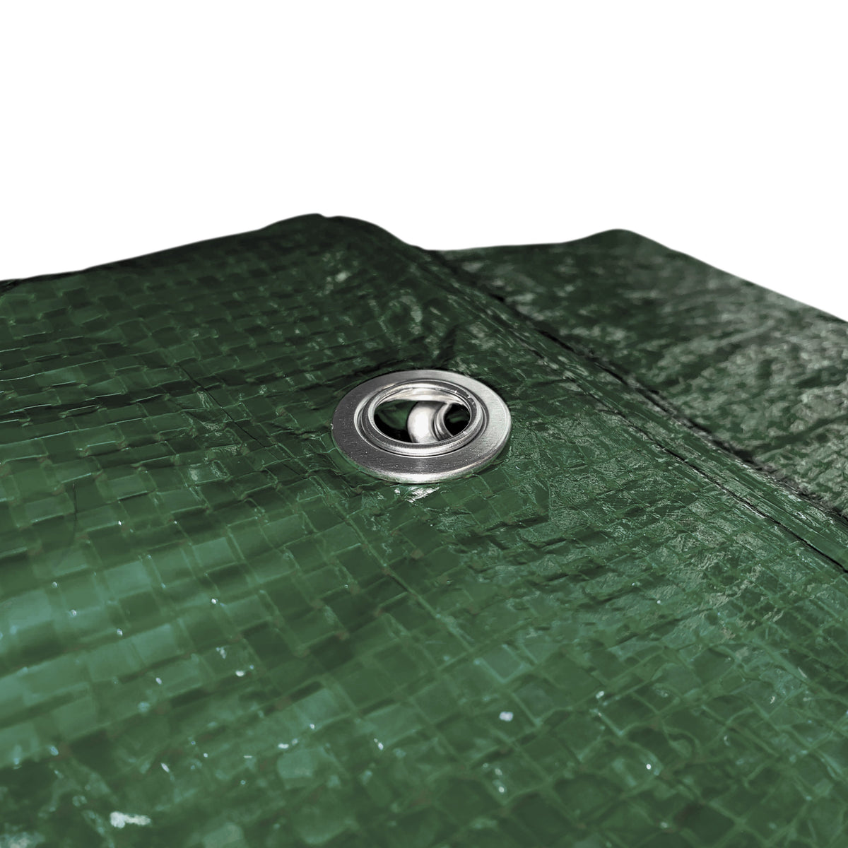 Close-up of an aluminium eyelet set in the woven fabric of the Green S-Grade Tarpaulin with 20 x 4" Bungee Balls (White)