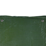 Green S-Grade Tarpaulin 4m x 5m folded into a bundle, seen from a low angle