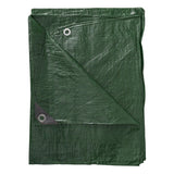 Green S-Grade Tarpaulin 4m x 6m folded flat with a black reinforced corner and eyelet showing