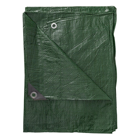 Green S-Grade Tarpaulin 4m x 6m folded flat with a black reinforced corner and eyelet showing