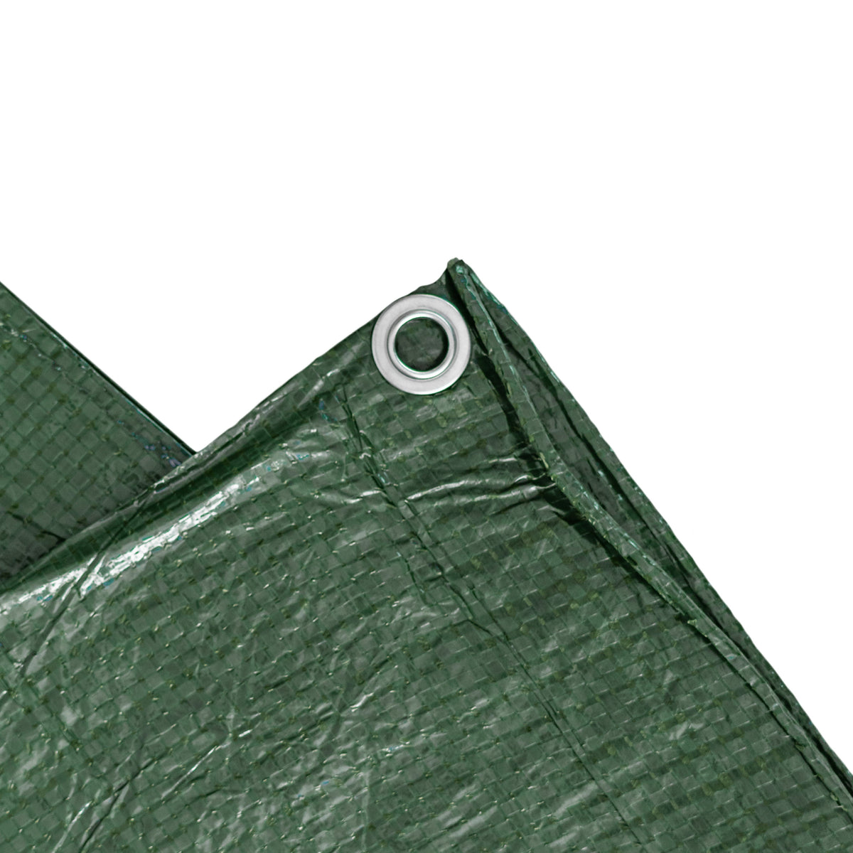 Corner of the Green S-Grade Tarpaulin 1m x 1m folded over, showing an eyelet and the woven fabric