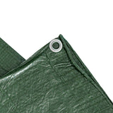 Corner of the Green S-Grade Tarpaulin 1m x 1m folded over, showing an eyelet and the woven fabric