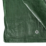 Close-up of the woven green fabric and an eyelet on the Green S-Grade Tarpaulin with 20 x 6" Bungee Balls (White)