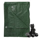 Green S-Grade Tarpaulin with 10 x 4" Bungee Balls (Black) folded with a bundle of black bungee balls