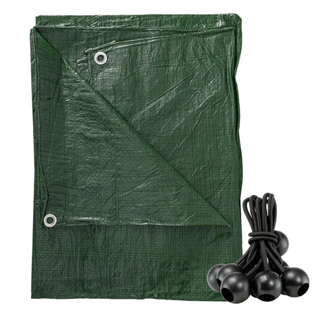 Green S-Grade Tarpaulin with 10 x 4" Bungee Balls (Black) folded with a bundle of black bungee balls