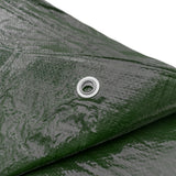 Close-up of a corner of the Green M-Grade Tarpaulin 2m x 4m with an eyelet