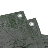Two aluminium eyelets along the hemmed edge of the Green M-Grade Tarpaulin with 10m of 6mm Bungee Rope and 10 x Slide Type Tarp Clips