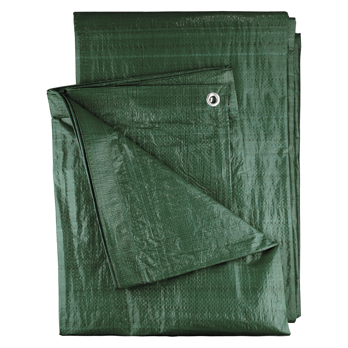 Green M-Grade Tarpaulin 5m x 6m folded with one corner turned back to show an eyelet
