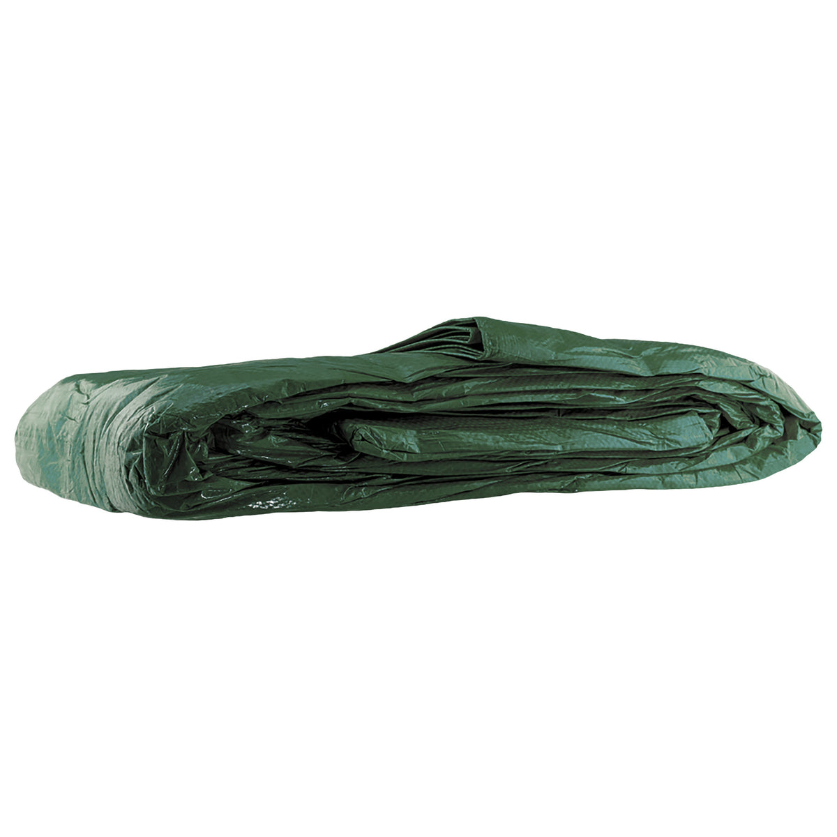Green M-Grade Tarpaulin 1.5m x 2m folded into a bundle, seen from a low angle