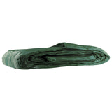 Green M-Grade Tarpaulin 2m x 3m folded into a bundle, seen from a low angle