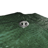Close-up of an aluminium eyelet in the woven fabric of the Green M-Grade Tarpaulin with 10m of 6mm Bungee Rope and 10 x Screw Type Tarp Clips