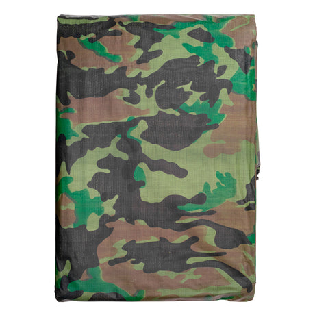 Camouflage M-Grade Tarpaulin 3m x 3m folded flat, front view