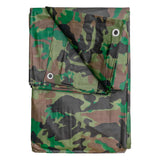Camouflage M-Grade Tarpaulin 1.5m x 2.4m folded with one corner turned back to show the eyelets