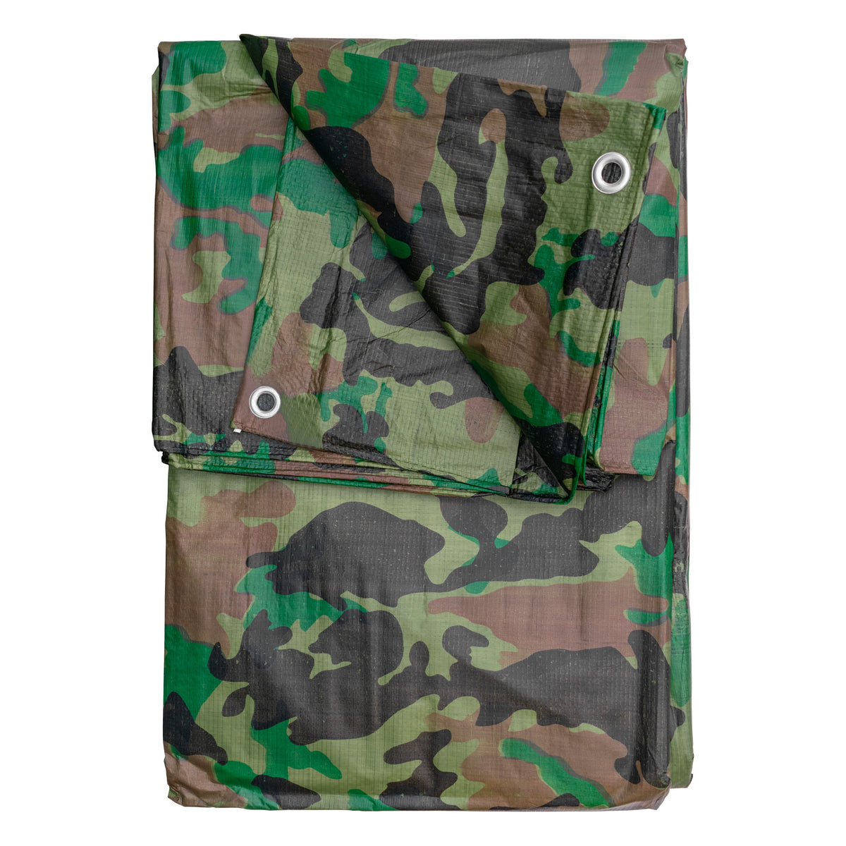 Camouflage M-Grade Tarpaulin 2m x 4m folded with one corner turned back to show the eyelets