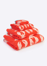 Anorak Lobsters Organic Cotton Towel - Coral and pink full size range stacked