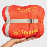 Snugpak Travelpak 4 WGTE Sleeping Bag in Orange - packed in compression stuff sack