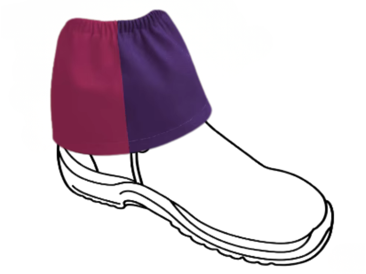 Pink and purple children's harlequin sox saver over a boot, side view