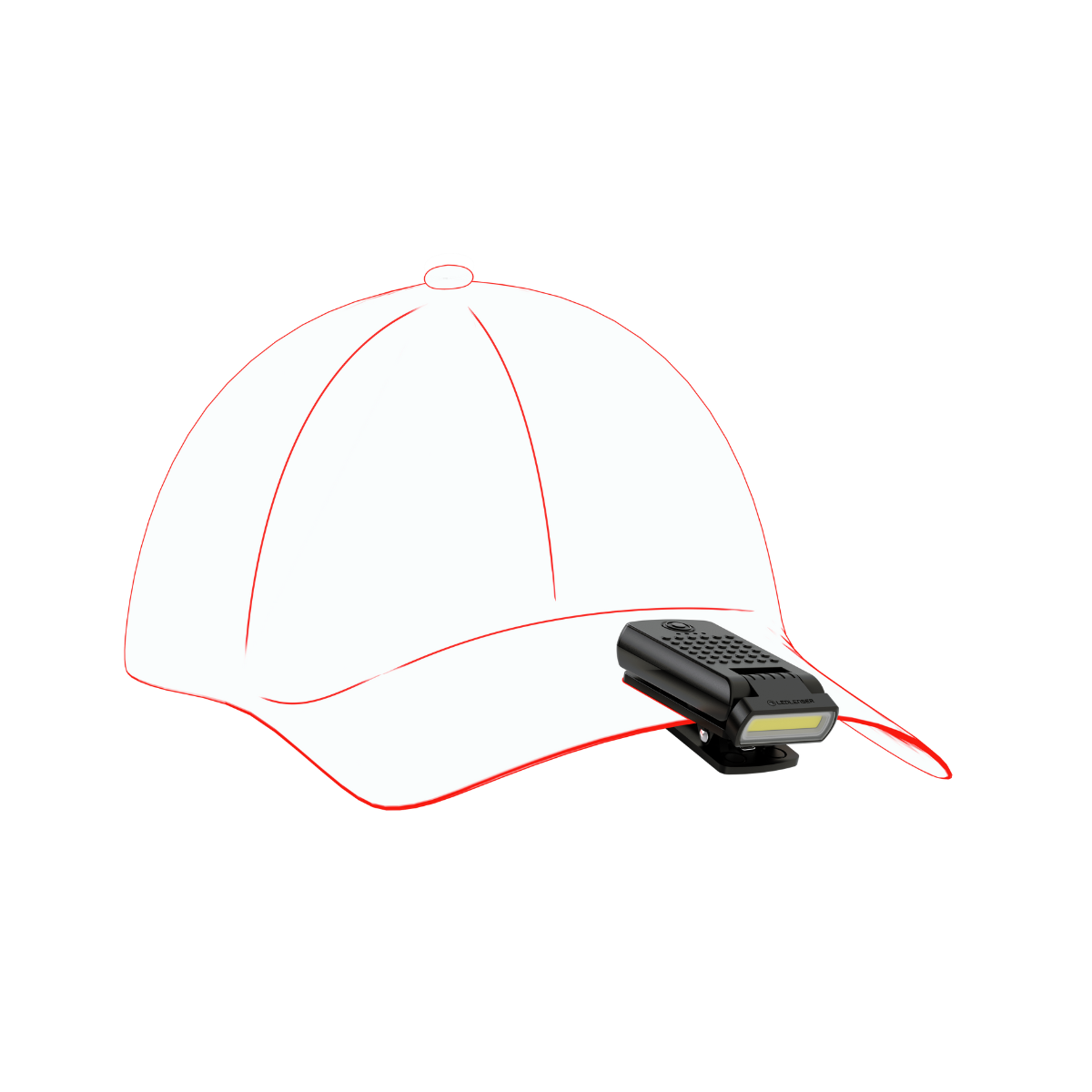 Line drawing of the Ledlenser W1R Work clipped to a cap peak