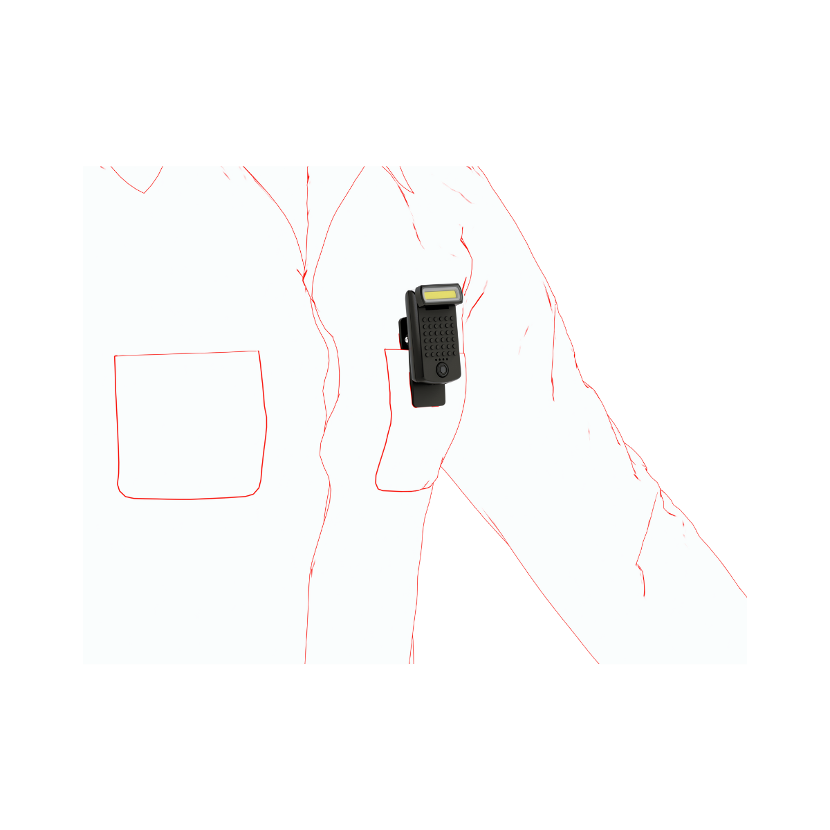 Line drawing of the Ledlenser W1R Work clipped to a shirt pocket