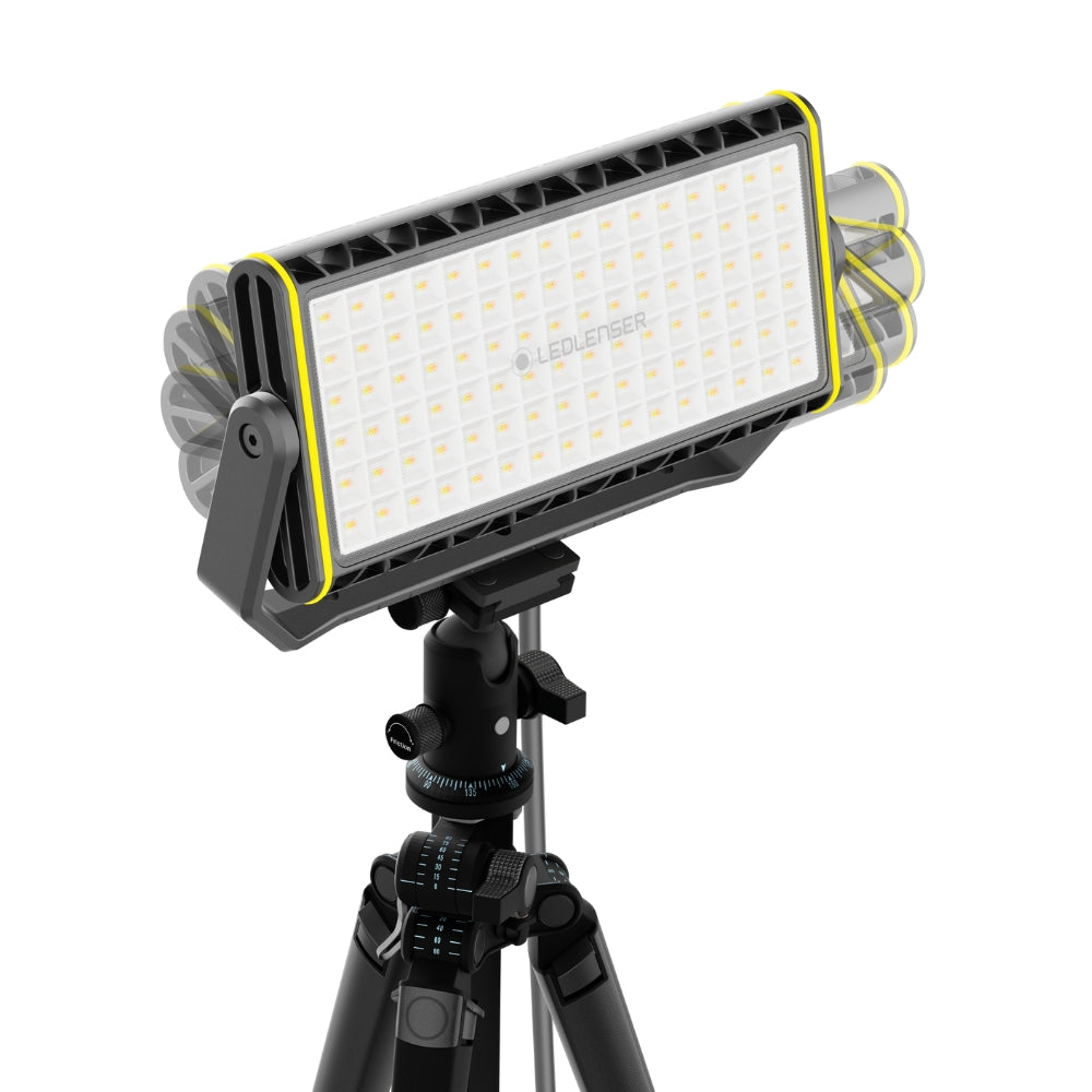 Ledlenser AF12C Work on a tripod ball head, its panel shown pivoting through several angles