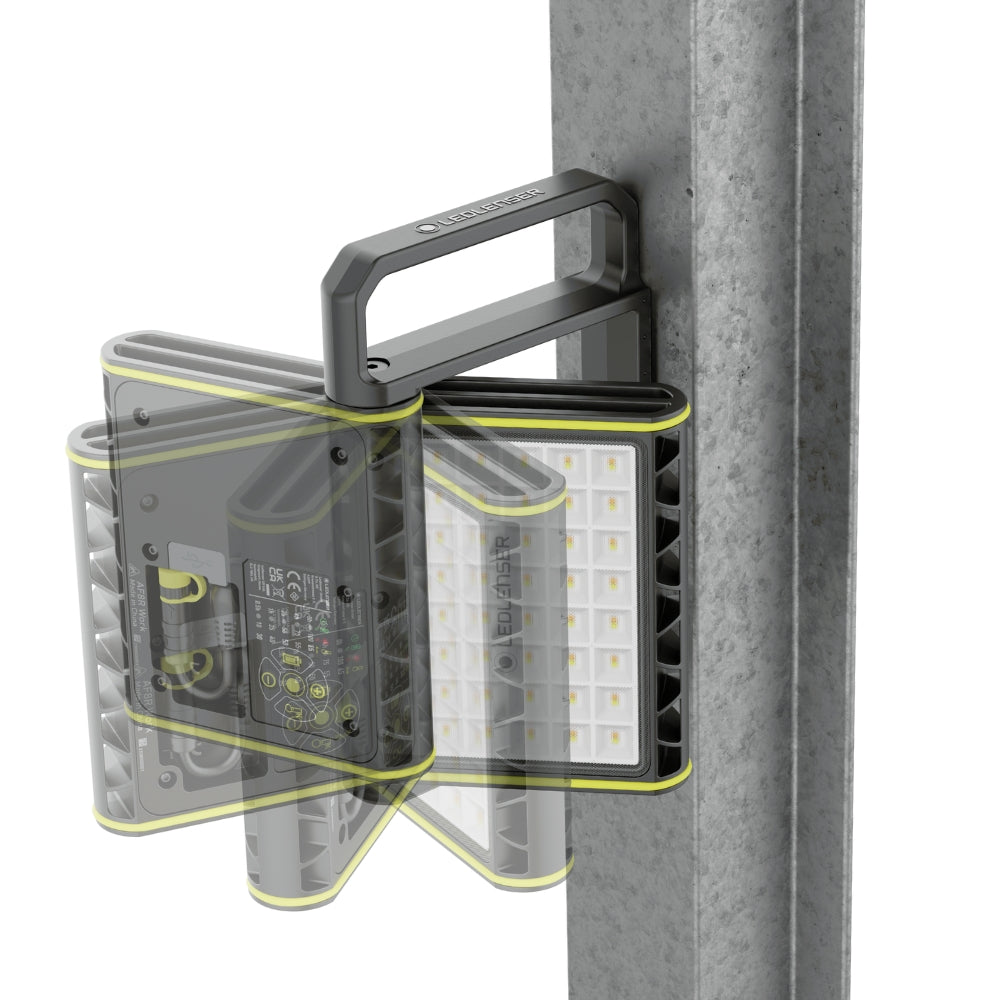 Illustration of the Ledlenser AF8R Work hanging on a steel post, its lamp head shown tilting through several angles