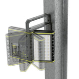 Illustration of the Ledlenser AF8R Work hanging on a steel post, its lamp head shown tilting through several angles