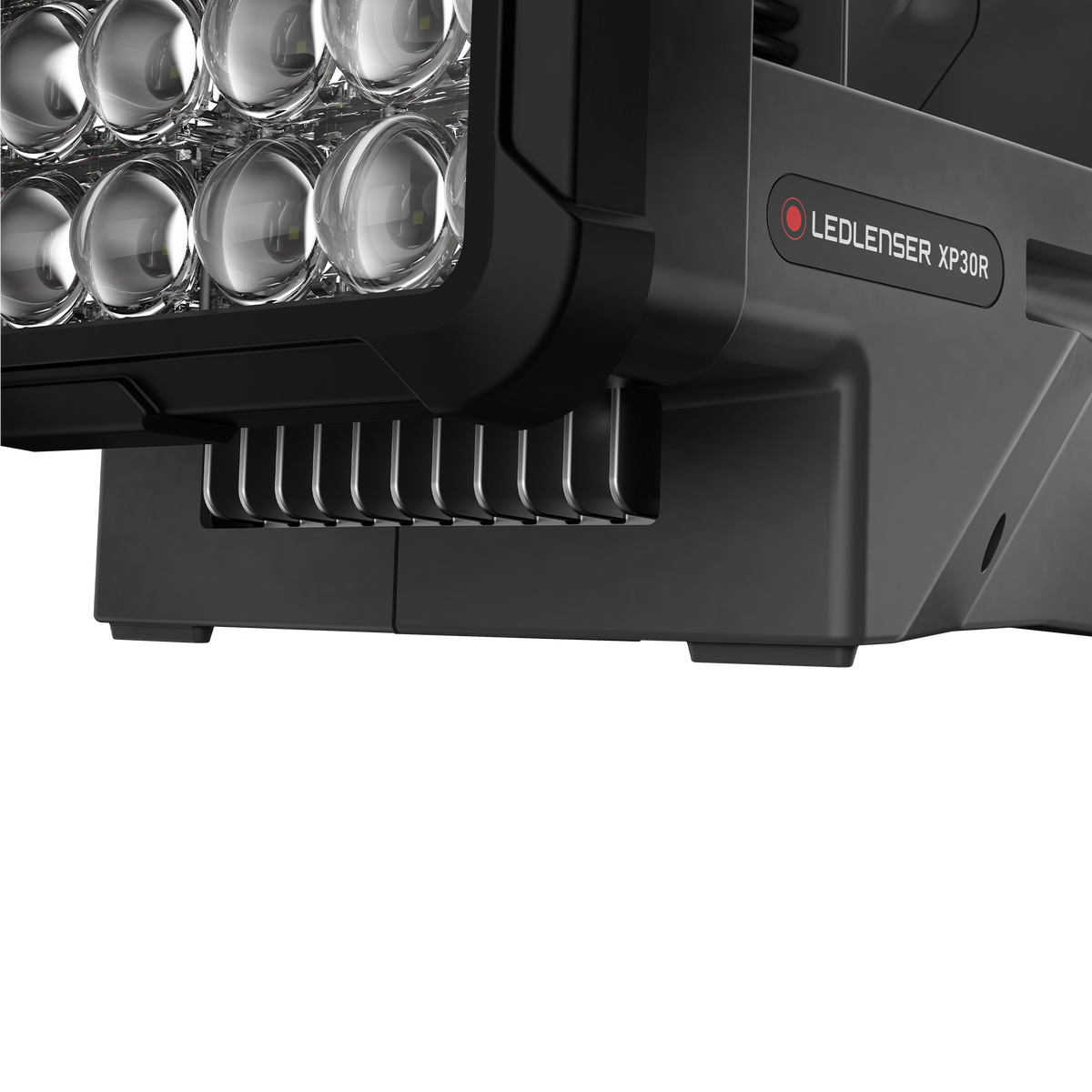 Close-up of the Ledlenser XP30R cooling fins beneath the light head