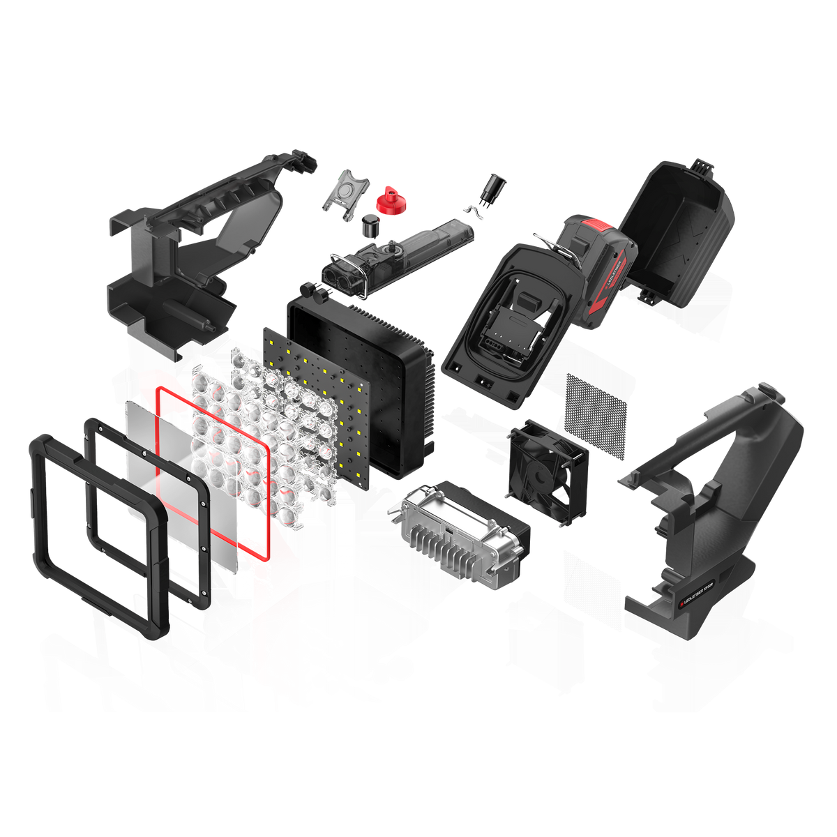 Exploded view of the Ledlenser XP30R showing LEDs, optics, cooling fan and battery