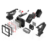 Exploded view of the Ledlenser XP30R showing LEDs, optics, cooling fan and battery