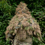 Rear of the head and shoulders ghillie suit, showing the Viper mesh base shroud and the rows of olive elastic garnish loops sewn across it