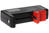 Mercury battery tester lying flat with the red slider at one end